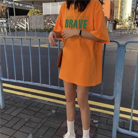 下衣失踪中长款纯棉女生t恤短袖宽松遮屁股高个子落日橘上衣大版图片