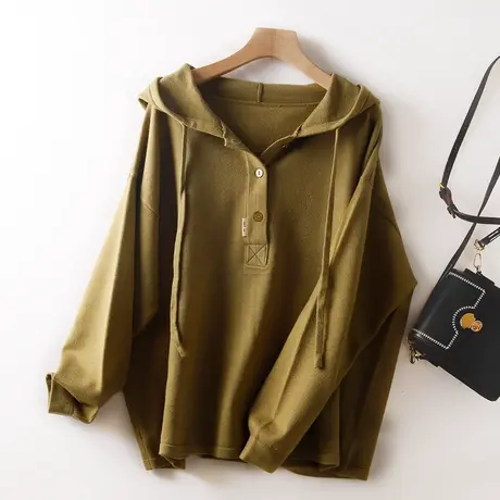 卫衣女连帽针织衫秋冬宽松大码休闲慵懒风加厚毛衣外套外穿套头图片