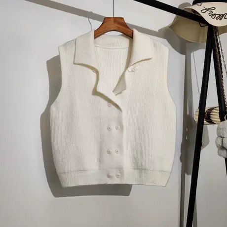 针织马甲开衫女春秋新款双排扣翻领纯色百搭无袖毛衣背心马夹外套商品大图