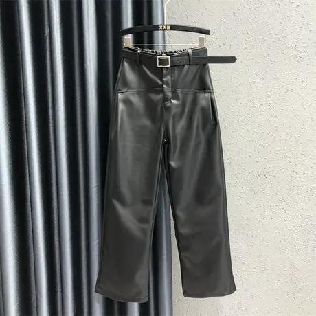欧货黑色后松紧休闲皮裤pu女2023秋季新款高腰显瘦直筒裤拖地裤潮商品大图