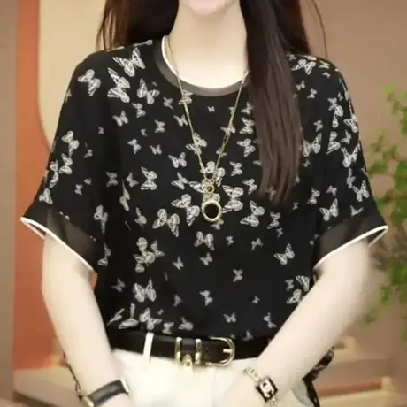 夏季真丝T恤女短袖高档外穿小衫洋气妈妈遮肉桑蚕丝波点印花上衣商品大图