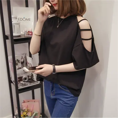 夏天新款镂空露肩上衣服短袖女T恤衫韩版学生半袖宽松体恤2023潮图片