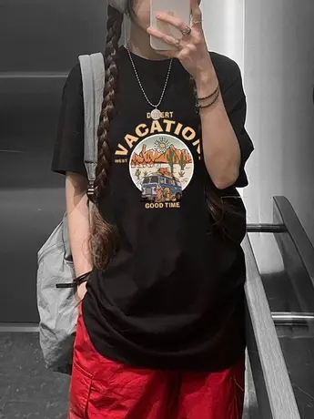 美式复古黑色纯棉短袖t恤女夏季2023新款韩版宽松显瘦甜酷上衣潮商品大图