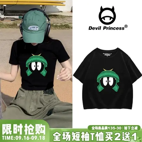 2023夏季新款vibe风韩系黑色短款上衣小众卡通潮牌百搭短袖t恤女商品大图