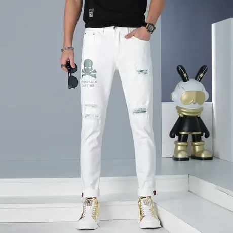 春夏破洞修身小脚牛仔裤男士休闲时尚潮流裤子男水洗微弹直筒裤子商品大图