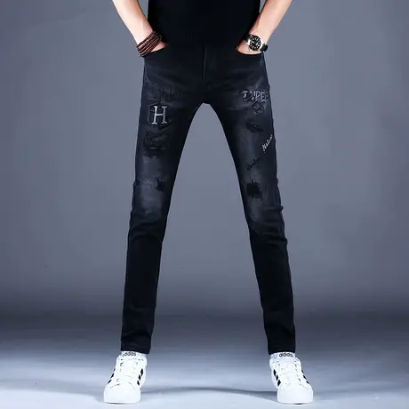 2023男士冬款牛仔裤男夏季修身刺绣破洞补丁小脚裤棉弹男潮牌棉弹商品大图