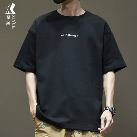希越夏季300g重磅抗皱短袖t恤男胸前印花潮牌大码宽松半截袖衣服图片