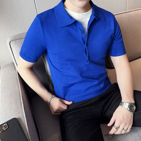 克兰因蓝冰丝翻领T恤男短袖夏天薄款半袖POLO衫修身百搭针织小T潮商品大图