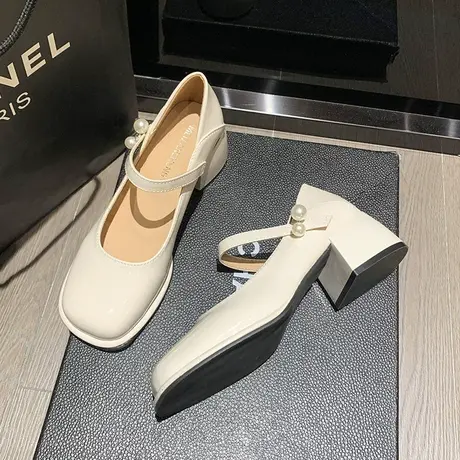 永希粗跟白色小皮鞋女春秋2023新款浅口漆皮复古法式玛丽珍单鞋子商品大图