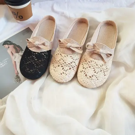 蕾丝亚麻包头半拖鞋女2023夏季新款网面平底一脚蹬懒人凉拖鞋外穿图片