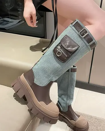 超酷厚底马丁靴女牛仔布圆头松糕中筒靴2023新款秋季欧美拼色高跟商品大图