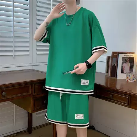 华夫格休闲套装男夏季冰丝短袖t恤男装一套搭配纯色潮牌运动衣服商品大图