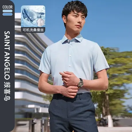 报喜鸟夏季新款男时尚休闲经典款凉爽短袖衬衫桑蚕丝可机洗衬衣男商品大图