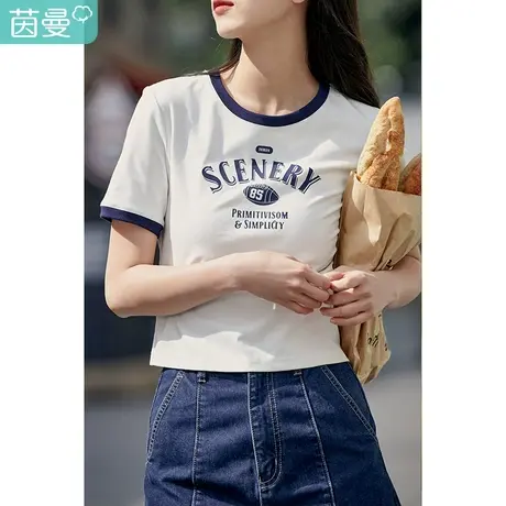 茵曼印花圆领T恤女2023年夏季新款套头潮趣宽松显瘦短款短袖上衣商品大图
