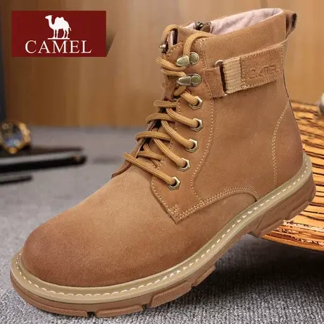 Camel/骆驼男鞋冬季高帮真头层牛皮加绒加厚靴子黄中筒休闲马丁靴图片
