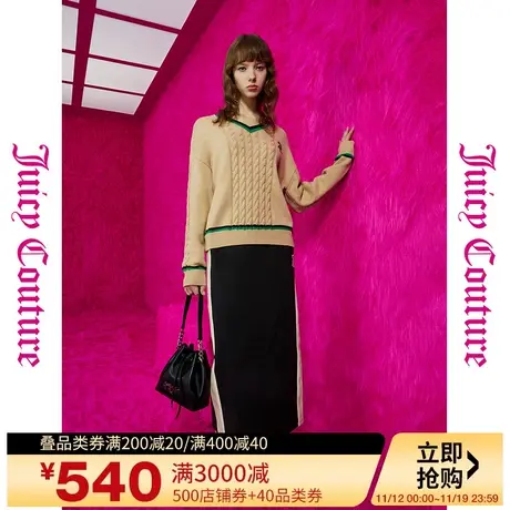Juicy Couture橘滋23初秋冬新款重返校园撞色logo绣绞花V领女毛衣图片