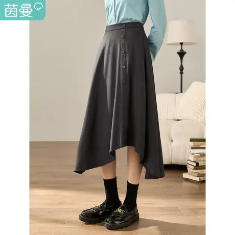 【商场同款】茵曼冬女装新款纽扣装饰不对称下摆A字半身裙图片