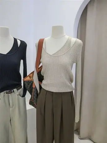 早秋新款韩版设计感小众假两件拼接套头长袖针织衫百搭洋气上衣服商品大图