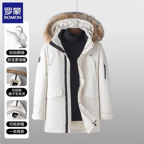 【90白鹅绒】罗蒙男式羽绒服可拆卸毛领时尚保暖羽绒服男中长款图片