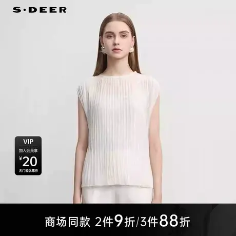 【商场同款】sdeer圣迪奥女时尚圆领肌理褶皱无袖上衣S25283219图片