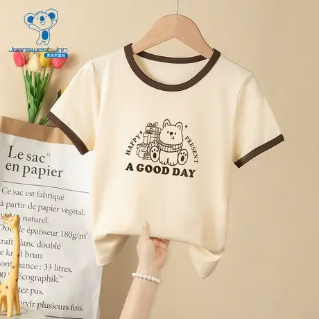 KW真维斯女童短袖T恤夏季款中大童拼色时髦印花套头衫上衣图片