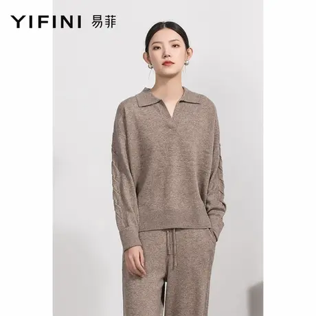 Yifini/易菲100%羊毛合体毛衫女春秋新款翻领长袖通勤针织衫商品大图