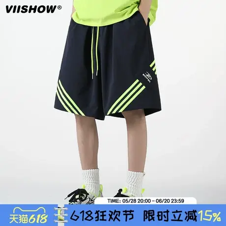 VIISHOW斜织带条纹短裤男款夏季宽松垂感潮流百搭休闲薄款五分裤商品大图
