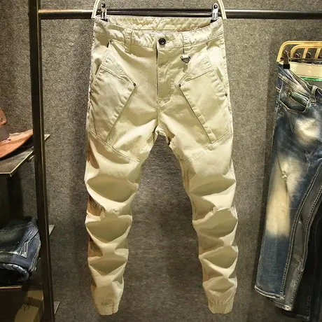 卡其色休闲裤男修身韩版潮流春秋款弹力小脚裤子个性束脚工装男裤图片