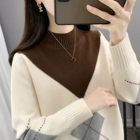 拼色菱形半高领毛衣女2023秋冬装新款宽松时尚百搭打底针织衫上衣图片