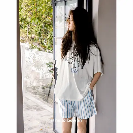 贝妍新款睡衣女士夏季凉感莫代尔棉可爱短袖条纹短裤家居服两件套商品大图