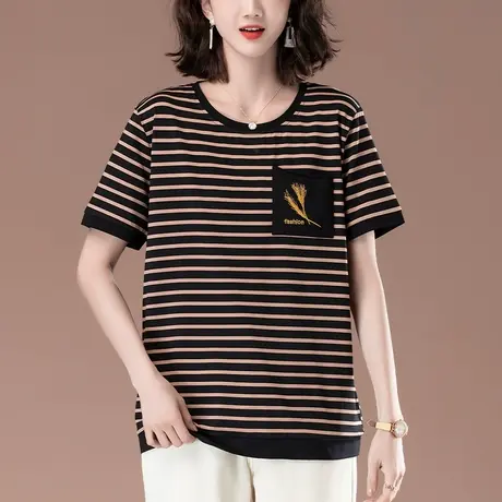 中年妈妈纯棉短袖T恤女夏季宽松加大码女装休闲条纹显瘦圆领体恤商品大图