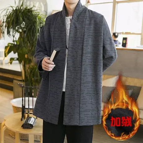 加绒加厚冬季男风衣复古中国风开衫保暖中长款宽松棉麻披风外套男商品大图