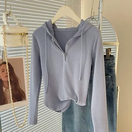 连帽修身短款收腰显瘦弧形下摆打底长袖t恤上衣薄款卫衣女春秋季商品大图