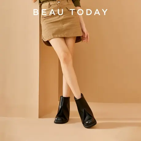 BeauToday真皮烟筒靴女款新款厚底时装靴黑色粗跟皮靴英伦风靴子商品大图