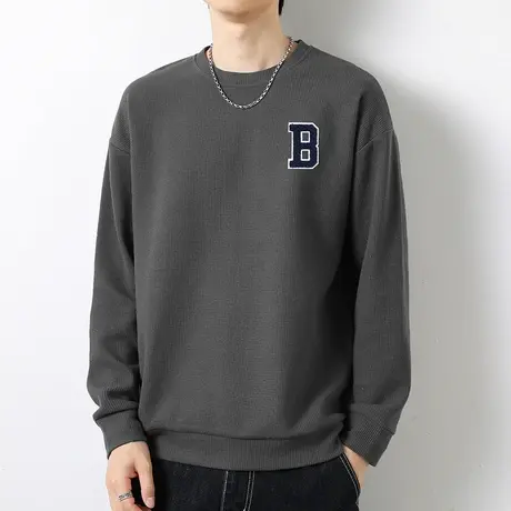 男士卫衣华夫格2023新款秋冬款潮牌潮流圆领无帽宽松灰色长袖t恤图片