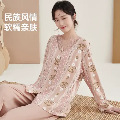 顶瓜瓜民族风印花家居服顶呱呱开襟V领鸣夏蒲公英女士长袖套装商品大图