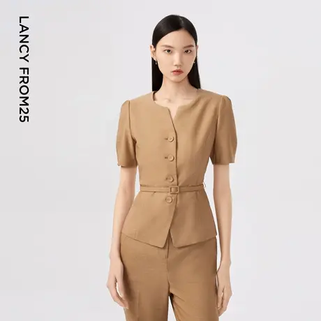 LANCY/朗姿2023秋季新款收腰短外套女设计感短袖高端薄款上衣图片