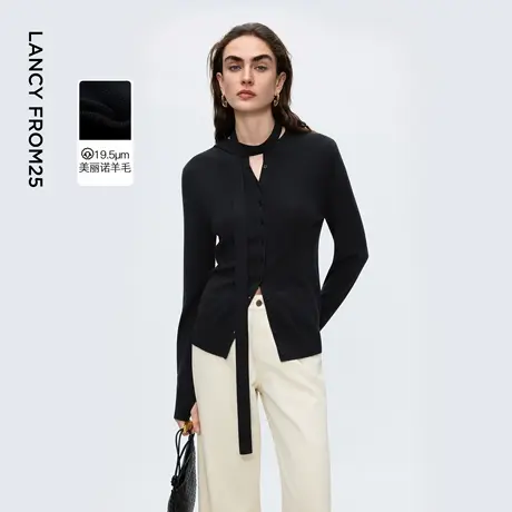 朗姿美丽诺羊毛圆领针织开衫简约气质优雅通勤风2025冬季新款上衣商品大图