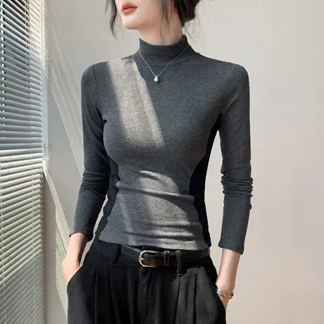 半高领拼色长袖T恤女秋新款修身显瘦外穿上衣别致正肩内搭打底衫商品大图