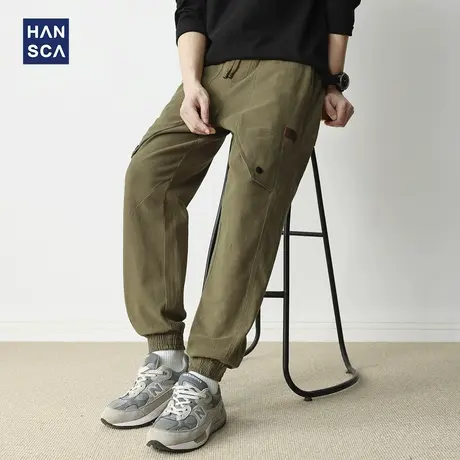 hansca秋季束脚休闲裤男宽松抽绳复古工装风个性贴布拼接压褶裤子商品大图
