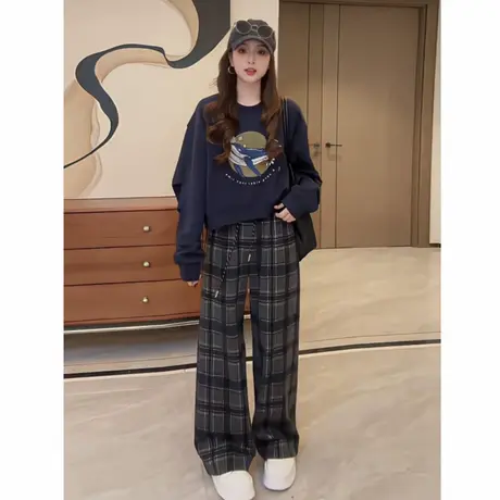 超好看的圆领藏蓝色短款卫衣女2025秋冬加绒加厚小个子长袖上衣女商品大图