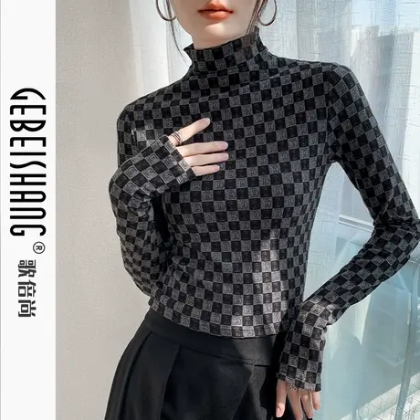 韩版高领手套袖t恤女2024秋季新款磨毛字母提花修身西装内搭上衣图片