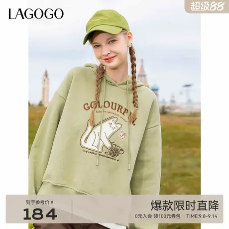 LAGOGO连帽卫衣女拉谷谷2024年冬季新款森系显白猫咪绣花加绒上衣商品大图