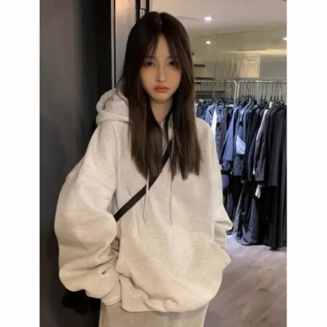 早秋美式套头卫衣女秋冬季2025新款连帽运动宽松外套灰色开衫上衣商品大图