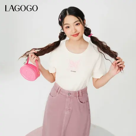 LAGOGO正肩显瘦甜美T恤女拉谷谷夏季新款款蝴蝶通勤百搭圆领短袖商品大图