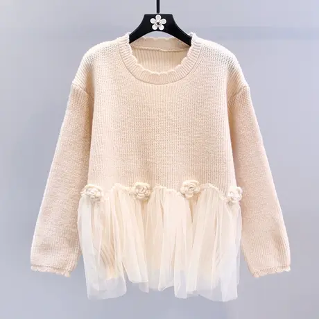 温柔甜美高级感网纱拼接毛衣女秋冬2023新款宽松洋气减龄针织上衣图片