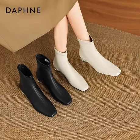 达芙妮粗跟短靴女2026新款冬季低跟瘦瘦靴方头切尔西靴平底马丁靴图片
