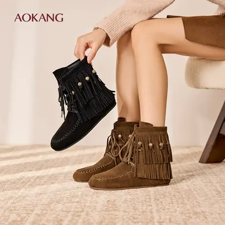 奥康 女鞋2025冬季新款流苏短靴驼铃靴女美拉德中筒靴西部靴图片