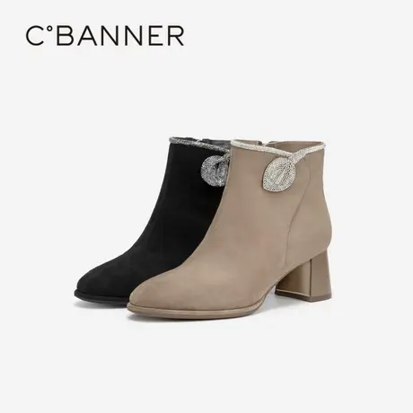 千百度静奢风粗高跟羊皮靴百搭冬季舒适钻饰绒面气质时装靴短靴子图片