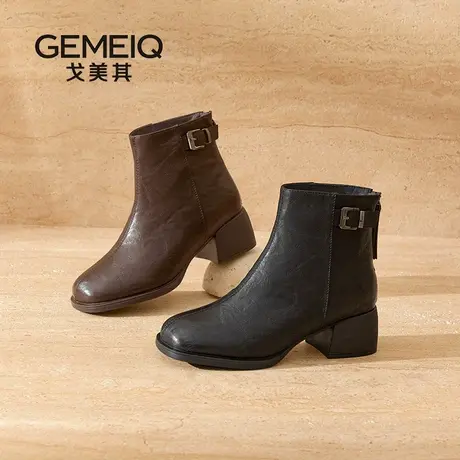 戈美其2025新款复古方头短靴女粗跟高跟鞋气质百搭时装靴瘦瘦靴女图片